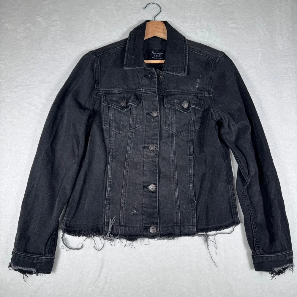 Abercrombie Black Distressed Denim Trucker Jacket‎ Raw Hem Womens M| Grunge